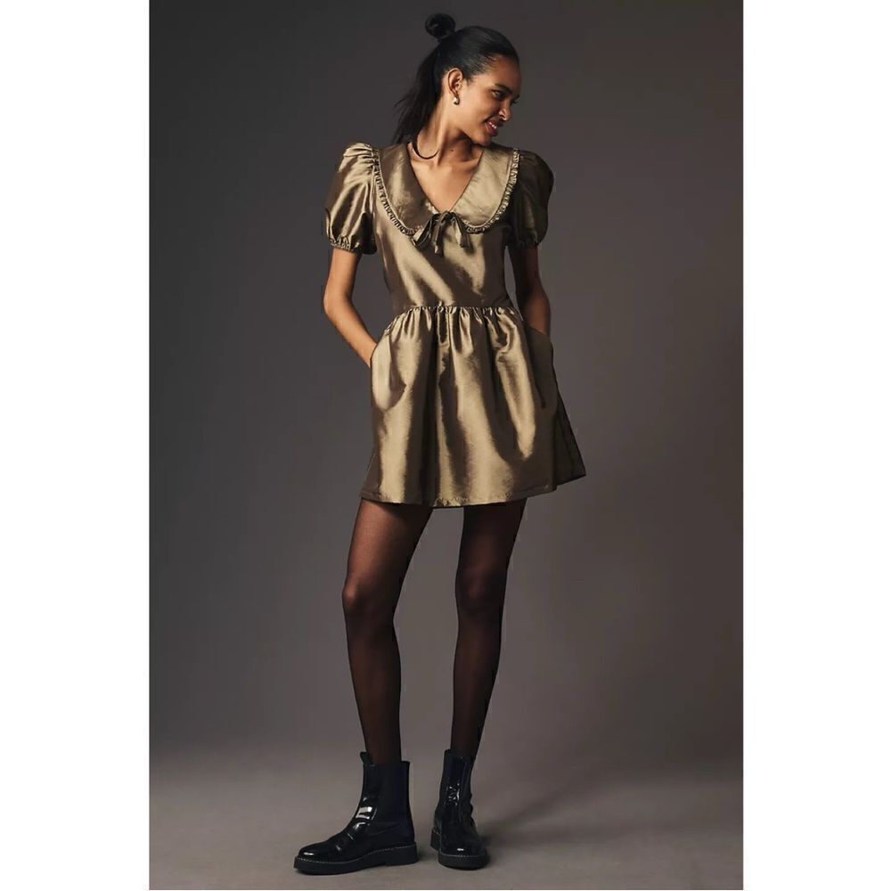 NEW Anthropologie Porridge Olive Short-Sleeve Collared Taffetta Mini Dress Large - Picture 3 of 7